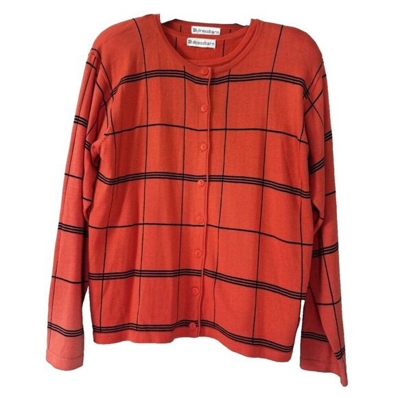 Dressbarn L Orange Black Window Pane Plaid Cardigan Cami Sweater Knit Layered - Picture 2 of 16